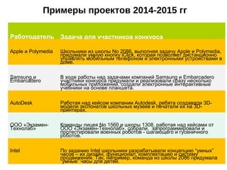 Примеры проектов 2014-2015 гг
Работодатель Задача для участников конкурса
Apple и Polymedia Школьники из школы No 2086, выполняя задачу Apple и Polymedia,
придумали умную кнопку iClick, которая позволяет дистанционно
управлять мобильным телефоном и электронными устройствами в
доме.
Samsung и
Embarcadero
В ходе работы над задачами компаний Samsung и Embarcadero
участники конкурса придумали и реализовали сразу несколько
мобильных приложений, создали электронные интерактивные
учебники на основе планшета.
AutoDesk Работая над кейсом компании Autodesk, ребята создавали 3D-
модели экспонатов школьных музеев и печатали их на 3D-
принтерах.
ООО «Экзамен-
Технолаб»
Команды лицея No 1560 и школы 1308, работая над кейсами от
ООО «Экзамен-Технолаб», собрали, запрограммировали и
протестировали военных роботов - шагающего и гусеничного
роботов.
Intel По заданию Intel школьники разрабатывали концепцию “умных”
часов – их дизайн, функционал, комплектацию и систему
продвижения. Так, например, команда из школы 2086 придумала
“умные” часы для детей.
 