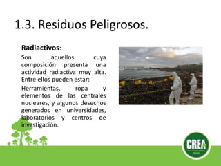1.3. Residuos Peligrosos.
Radiactivos:
Son aquellos cuya
composición presenta una
actividad radiactiva muy alta.
Entre ellos pueden estar:
Herramientas, ropa y
elementos de las centrales
nucleares, y algunos desechos
generados en universidades,
laboratorios y centros de
investigación.
 