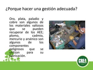 ¿Porque hacer una gestión adecuada?
Oro, plata, paladio y
cobre son algunos de
los materiales valiosos
que se pueden
recuperar de los AEE;
plomo, cadmio,
mercurio y arsénico son
algunos de los
componentes
peligrosos que se
utilizan para su
fabricación.
 