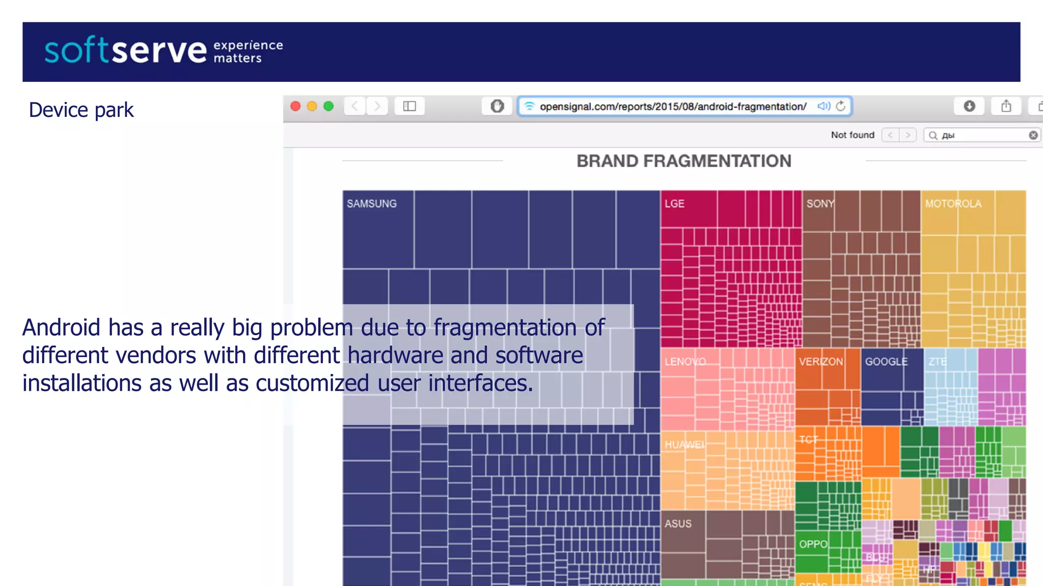 Device park
Android has a really big problem due to fragmentation of
different vendors with different hardware and software
installations as well as customized user interfaces.
 