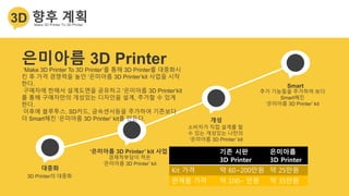 기존 시판
3D Printer
은미아름
3D Printer
Kit 가격 약 60~200만원 약 25만원
완제품 가격 약 100~ 만원 약 35만원
 