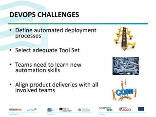 DEVOPS CHALLENGES
• Define automated deployment
processes
• Select adequate Tool Set
• Teams need to learn new
automation skills
• Align product deliveries with all
involved teams
 