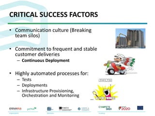 CRITICAL SUCCESS FACTORS
• Communication culture (Breaking
team silos)
• Commitment to frequent and stable
customer deliveries
– Continuous Deployment
• Highly automated processes for:
– Tests
– Deployments
– Infrastructure Provisioning,
Orchestration and Monitoring
 
