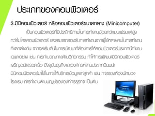 ประเภทของคอมพิวเตอร์
3.มินิคอมพิวเตอร์ หรือคอมพิวเตอร์ขนาดกลาง (Minicomputer)
เป็นคอมพิวเตอร์ที่มีประสิทธิภาพในการทางานน้อยกว่าเมนเฟรมแต่สูง
กว่าไมโครคอมพิวเตอร์ และสามารถรองรับการทางานจากผู้ใช้หลายคนในการทางาน
ที่แตกต่างกัน จากจุดเริ่มต้นในการพัฒนาที่ต้องการให้คอมพิวเตอร์ประเภทนี้ทางาน
เฉพาะอย่าง เช่น การคานวณทางด้านวิศวกรรม ทาให้การพัฒนามินิคอมพิวเตอร์
เจริญอย่างรวดเร็ว ปัจจุบันธุรกิจและองค์กรหลายประเภทนิยมนา
มินิคอมพิวเตอร์มาใช้ในการให้บริการข้อมูลแก่ลูกค้า เช่น การจองห้องพักของ
โรงแรม การทางานด้านบัญชีขององค์กรธุรกิจ เป็นต้น
 