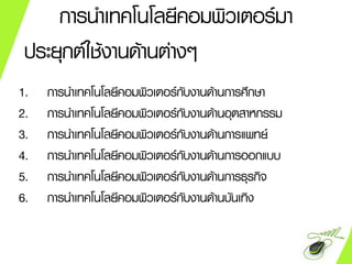 การนา๶ทคโนโลยีคอมพิว๶ตอร์มา
ประยุกต์ใช้งานด้านต่างๆ
1. การนา๶ทคโนโลยีคอมพิว๶ตอร์กับงานด้านการศึกษา
2. การนา๶ทคโนโลยีคอมพิว๶ตอร์กับงานด้านอุตสาหกรรม
3. การนา๶ทคโนโลยีคอมพิว๶ตอร์กับงานด้านการแพทย์
4. การนา๶ทคโนโลยีคอมพิว๶ตอร์กับงานด้านการออกแบบ
5. การนา๶ทคโนโลยีคอมพิว๶ตอร์กับงานด้านการธุรกิจ
6. การนา๶ทคโนโลยีคอมพิว๶ตอร์กับงานด้านบันเทิง
 