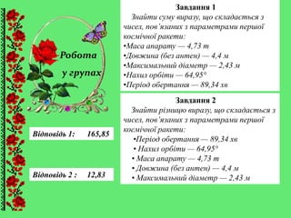 Завдання 1
Знайти суму виразу, що складається з
чисел, пов’язаних з параметрами першої
космічної ракети:
•Маса апарату — 4,73 т
•Довжина (без антен) — 4,4 м
•Максимальний діаметр — 2,43 м
•Нахил орбіти — 64,95°
•Період обертання — 89,34 хв
Відповідь 2 : 12,83
Відповідь 1: 165,85
Робота
у групах
Завдання 2
Знайти різницю виразу, що складається з
чисел, пов’язаних з параметрами першої
космічної ракети:
•Період обертання — 89,34 хв
• Нахил орбіти — 64,95°
• Маса апарату — 4,73 т
• Довжина (без антен) — 4,4 м
• Максимальний діаметр — 2,43 м
 