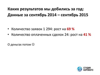 Каких результатов мы добились за год:
Данные за сентябрь 2014 – сентябрь 2015
• Количество заявок 1 294: рост на 69 %
• Количество оплаченных сделок 24: рост на 41 %
О деньгах потом 
 