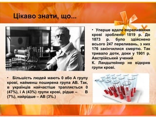 Цікаво знати, що...
• Уперше вдале переливання
крові зроблено 1819 р. До
1873 р. було здійснено
всього 247 переливань, з них
176 закінчилися смертю. Так
тривало доти, доки у 1901 р.
Австрійський учений
К. Ландштейнер не відкрив
групи крові.
• Більшість людей мають 0 або А групу
крові, найменш поширена група АВ. Так,
в українців найчастіше трапляється 0
(47%), і А (43%) групи крові, рідше – В
(7%), найрідше – АВ (3%.)
 