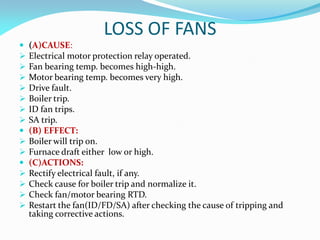 LOSS OF FANS
 (A)CAUSE:
 Electrical motor protection relay operated.
 Fan bearing temp. becomes high-high.
 Motor bearing temp. becomes very high.
 Drive fault.
 Boiler trip.
 ID fan trips.
 SA trip.
 (B) EFFECT:
 Boiler will trip on.
 Furnace draft either low or high.
 (C)ACTIONS:
 Rectify electrical fault, if any.
 Check cause for boiler trip and normalize it.
 Check fan/motor bearing RTD.
 Restart the fan(ID/FD/SA) after checking the cause of tripping and
taking corrective actions.
 