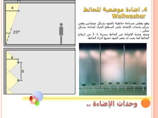 ‫وهو‬‫يغطى‬‫مساحة‬‫حائطية‬‫بالضوء‬‫بشكل‬‫متجانس‬‫وهى‬
‫بتركيز‬‫وحدات‬‫اإلضاءة‬‫على‬‫السطح‬‫المراد‬‫إضاءته‬‫بشك‬‫ل‬
‫متكرر‬.
‫وتبعد‬‫وحدة‬‫اإلضاءة‬‫عن‬‫الحائط‬‫بنسبة‬1:3‫من‬‫ارتفاع‬
‫الحائط‬‫كما‬‫يجب‬‫أن‬‫يغمر‬‫الضوء‬‫جميع‬‫أجزاء‬‫الحائط‬.
 