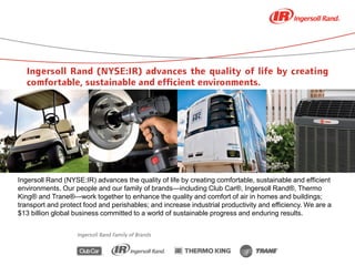 2
Ingersoll Rand (NYSE:IR) advances the quality of life by creating comfortable, sustainable and efficient
environments. O...