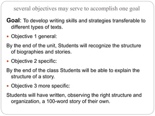 several objectives may serve to accomplish one goal
Goal: To develop writing skills and strategies transferable to
different types of texts.
 Objective 1 general:
By the end of the unit, Students will recognize the structure
of biographies and stories.
 Objective 2 specific:
By the end of the class Students will be able to explain the
structure of a story.
 Objective 3 more specific:
Students will have written, observing the right structure and
organization, a 100-word story of their own.
 