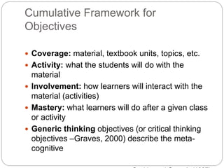 Cumulative Framework for
Objectives
 Coverage: material, textbook units, topics, etc.
 Activity: what the students will do with the
material
 Involvement: how learners will interact with the
material (activities)
 Mastery: what learners will do after a given class
or activity
 Generic thinking objectives (or critical thinking
objectives –Graves, 2000) describe the meta-
cognitive
 