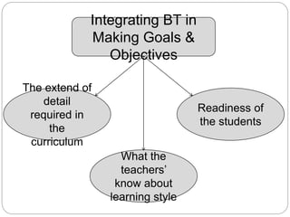 Integrating BT in
Making Goals &
Objectives
The extend of
detail
required in
the
curriculum
What the
teachers’
know about
learning style
Readiness of
the students
 
