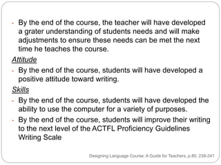 - By the end of the course, the teacher will have developed
a grater understanding of students needs and will make
adjustments to ensure these needs can be met the next
time he teaches the course.
Attitude
- By the end of the course, students will have developed a
positive attitude toward writing.
Skills
- By the end of the course, students will have developed the
ability to use the computer for a variety of purposes.
- By the end of the course, students will improve their writing
to the next level of the ACTFL Proficiency Guidelines
Writing Scale
Designing Language Course: A Guide for Teachers, p.80, 239-241
 