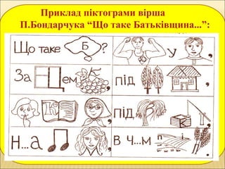 Приклад піктограми вірша
П.Бондарчука “Що таке Батьківщина...”:
 