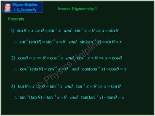 1 1
1) sin sin sin sinx x and x x    
     
Physics Helpline
L K Satapathy
1 1 1
sin (sin ) sin sin(sin ) sinx and x x    
    
1 1
2) cos cos cos cosx x and x x    
     
1 1 1
cos (cos ) cos cos(cos ) cosx and x x    
    
1 1
3) tan tan tan tanx x and x x    
     
1 1 1
tan (tan ) tan tan(tan ) tanx and x x    
    
Concepts
Inverse Trigonometry 1
 