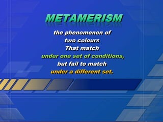 the phenomenon of
        two colours
        That match
under one set of conditions,
     but fail to match
   under a different set.
 
