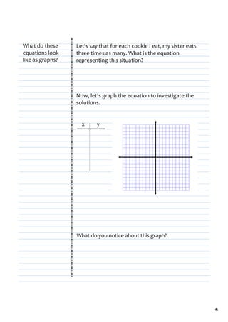 What do these     Let's say that for each cookie I eat, my sister eats 
equations look    three times as many. What is the equation 
like as graphs?   representing this situation?




                  Now, let's graph the equation to investigate the 
                  solutions.


                    x     y




                  What do you notice about this graph?




                                                                          4
 