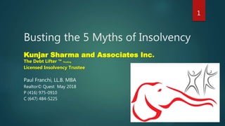 Busting the 5 Myths of Insolvency
Kunjar Sharma and Associates Inc.
The Debt Lifter ™ Pending
Licensed Insolvency Trustee
Paul Franchi, LL.B. MBA
Realtor© Quest May 2018
P (416) 975-0910
C (647) 484-5225
1
 