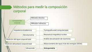 Métodos para medir la composición
corporal
composición
corporal
Métodos directos
Métodos indirectos.
Impedancia bioeléctrica
Densitometría
Medición del agua corporal total
Medición del potasio corporal total
Ultrasonido
Tomografía axial computarizada.
Análisis de activación de neutrones.
Resonancia magnética nuclear.
Absorciometría de rayos X de dos energías (DEXA).
Antropometría
 