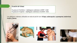 Ecuación de Yuhasz
% grasa en hombres = (Σpliegues cutáneos) x 0,097 +3,64
% grasa en mujeres = (Σpliegues cutáneos) x 0,1429+ 4,56
Los pliegues cutáneos utilizados en esta ecuación son: tríceps, subescapular, supraespinal, abdominal,
muslo y pierna.
 