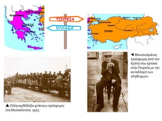 ΤΟΥΡΚΙΑ
ΕΛΛΑΔΑ
 Ελληνορθόδοξοι φτάνουν πρόσφυγες
στη Θεσσαλονίκη. 1925.
 Μουσουλμάνος
πρόσφυγας από την
Κρήτη που έφτασε
στηνΤουρκία με την
ανταλλαγή των
πληθυσμών.
 