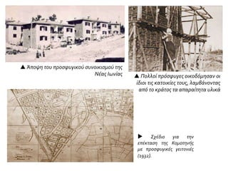  Σχέδιο για την
επέκταση της Κομοτηνής
με προσφυγικές γειτονιές
(1932).
 Άποψη του προσφυγικού συνοικισμού της
Νέας Ιωνίας  Πολλοί πρόσφυγες οικοδόμησαν οι
ίδιοι τις κατοικίες τους, λαμβάνοντας
από το κράτος τα απαραίτητα υλικά
 
