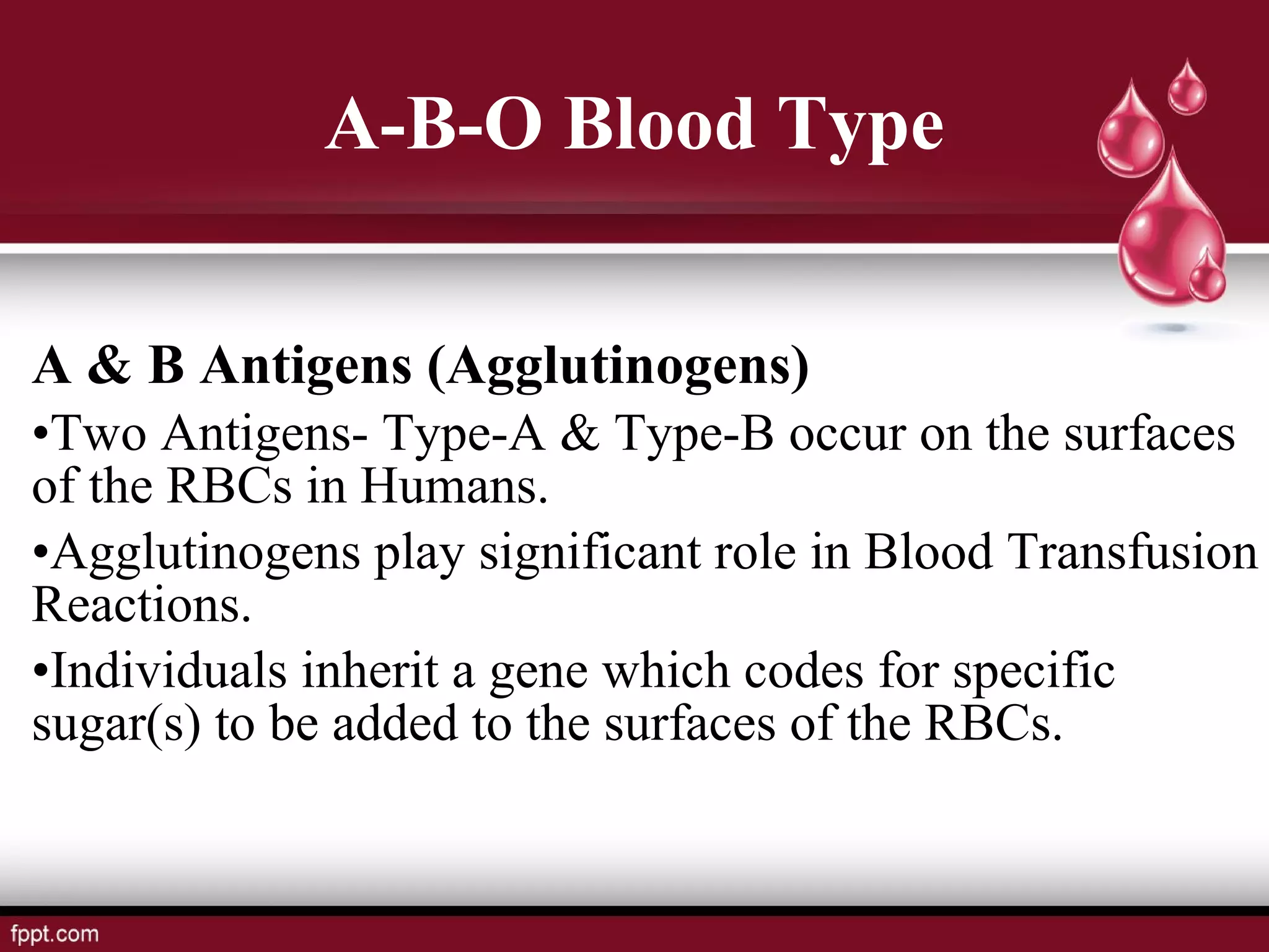 A & B Antigens (Agglutinogens)
•Two Antigens- Type-A & Type-B occur on the surfaces
of the RBCs in Humans.
•Agglutinogens play significant role in Blood Transfusion
Reactions.
•Individuals inherit a gene which codes for specific
sugar(s) to be added to the surfaces of the RBCs.
A-B-O Blood Type
 