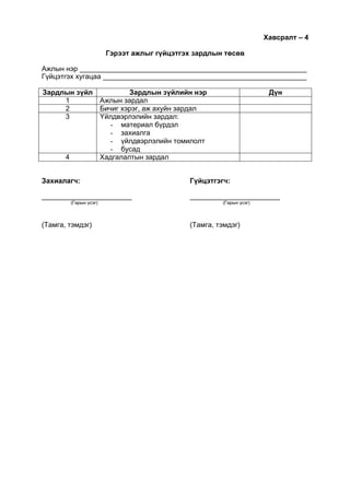 Хавсралт – 4
Гэрээт ажлыг гүйцэтгэх зардлын төсөв
Ажлын нэр __________________________________________________________
Гүйцэтгэх хугацаа ____________________________________________________
Зардлын зүйл Зардлын зүйлийн нэр Дүн
1 Ажлын зардал
2 Бичиг хэрэг, аж ахуйн зардал
3 Үйлдвэрлэлийн зардал:
- материал бүрдэл
- захиалга
- үйлдвэрлэлийн томилолт
- бусад
4 Хадгалалтын зардал
Захиалагч: Гүйцэтгэгч:
_______________________ _______________________
(Гарын үсэг) (Гарын үсэг)
(Тамга, тэмдэг) (Тамга, тэмдэг)
 