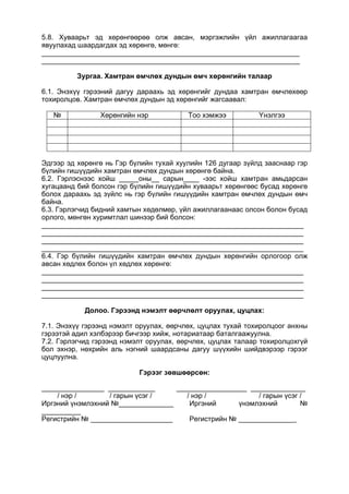5.8. Хуваарьт эд хөрөнгөөрөө олж авсан, мэргэжлийн үйл ажиллагаагаа
явуулахад шаардагдах эд хөрөнгө, мөнгө:
__________________________________________________________________
__________________________________________________________________
Зургаа. Хамтран өмчлөх дундын өмч хөрөнгийн талаар
6.1. Энэхүү гэрээний дагуу дараахь эд хөрөнгийг дундаа хамтран өмчлөхөөр
тохиролцов. Хамтран өмчлөх дундын эд хөрөнгийг жагсаавал:
№ Хөрөнгийн нэр Тоо хэмжээ Үнэлгээ
Эдгээр эд хөрөнгө нь Гэр бүлийн тухай хуулийн 126 дугаар зүйлд зааснаар гэр
бүлийн гишүүдийн хамтран өмчлөх дундын хөрөнгө байна.
6.2. Гэрлэснээс хойш _____оны__ сарын____ -ээс хойш хамтран амьдарсан
хугацаанд бий болсон гэр бүлийн гишүүдийн хуваарьт хөрөнгөөс бусад хөрөнгө
болох дараахь эд зүйлс нь гэр бүлийн гишүүдийн хамтран өмчлөх дундын өмч
байна.
6.3. Гэрлэгчид бидний хамтын хөдөлмөр, үйл ажиллагаанаас олсон болон бусад
орлого, мөнгөн хуримтлал шинээр бий болсон:
___________________________________________________________________
___________________________________________________________________
___________________________________________________________________
___________________________________________________________________
6.4. Гэр бүлийн гишүүдийн хамтран өмчлөх дундын хөрөнгийн орлогоор олж
авсан хөдлөх болон үл хөдлөх хөрөнгө:
___________________________________________________________________
___________________________________________________________________
___________________________________________________________________
___________________________________________________________________
Долоо. Гэрээнд нэмэлт өөрчлөлт оруулах, цуцлах:
7.1. Энэхүү гэрээнд нэмэлт оруулах, өөрчлөх, цуцлах тухай тохиролцоог анхны
гэрээтэй адил хэлбэрээр бичгээр хийж, нотариатаар баталгаажуулна.
7.2. Гэрлэгчид гэрээнд нэмэлт оруулах, өөрчлөх, цуцлах талаар тохиролцохгүй
бол эхнэр, нөхрийн аль нэгний шаардсаны дагуу шүүхийн шийдвэрээр гэрээг
цуцлуулна.
Гэрээг зөвшөөрсөн:
________________ ____________ __________________ ______________
/ нэр / / гарын үсэг / / нэр / / гарын үсэг /
Иргэний үнэмлэхний №______________ Иргэний үнэмлэхний №
__________
Регистрийн № _____________________ Регистрийн № _______________
 