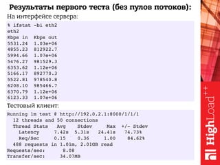 Результаты первого теста (без пулов потоков):
% ifstat -bi eth2
eth2
Kbps in Kbps out
5531.24 1.03e+06
4855.23 812922.7
5994.66 1.07e+06
5476.27 981529.3
6353.62 1.12e+06
5166.17 892770.3
5522.81 978540.8
6208.10 985466.7
6370.79 1.12e+06
6123.33 1.07e+06
Running 1m test @ http://192.0.2.1:8000/1/1/1
12 threads and 50 connections
Thread Stats Avg Stdev Max +/- Stdev
Latency 7.42s 5.31s 24.41s 74.73%
Req/Sec 0.15 0.36 1.00 84.62%
488 requests in 1.01m, 2.01GB read
Requests/sec: 8.08
Transfer/sec: 34.07MB
На интерфейсе сервера:
Тестовый клиент:
 