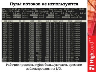 Рабочие процессы nginx большую часть времени
заблокированы на I/O.
Пулы потоков не используются
 