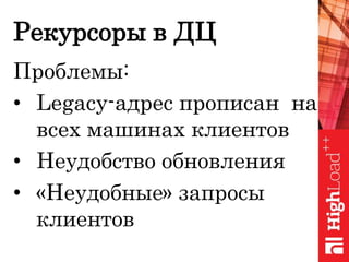 Рекурсоры в ДЦ
Проблемы:
• Legacy-адрес прописан на
всех машинах клиентов
• Неудобство обновления
• «Неудобные» запросы
клиентов
 