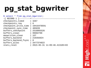 pg_stat_bgwriter
$ select * from pg_stat_bgwriter;
-[ RECORD 1 ]---------+------------------------------------
checkpoints_timed | 3267
checkpoints_req | 6
checkpoint_write_time | 10416478591
checkpoint_sync_time | 405039
buffers_checkpoint | 2518065526
buffers_clean | 99602799
maxwritten_clean | 157
buffers_backend | 219356924
buffers_backend_fsync | 0
buffers_alloc | 3477374822
stats_reset | 2015-05-31 11:09:48.413185+03
 