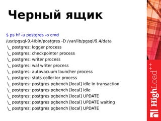 Черный ящик
$ ps hf -u postgres -o cmd
/usr/pgsql-9.4/bin/postgres -D /var/lib/pgsql/9.4/data
_ postgres: logger process
_ postgres: checkpointer process
_ postgres: writer process
_ postgres: wal writer process
_ postgres: autovacuum launcher process
_ postgres: stats collector process
_ postgres: postgres pgbench [local] idle in transaction
_ postgres: postgres pgbench [local] idle
_ postgres: postgres pgbench [local] UPDATE
_ postgres: postgres pgbench [local] UPDATE waiting
_ postgres: postgres pgbench [local] UPDATE
 