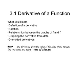 3.1 Derivative of a Function
What you’ll learn
•Definition of a derivative
•Notation
•Relationships between the graphs of f and f’
•Graphing the derivative from data
•One-sided derivatives
Why? The derivative gives the value of the slope of the tangent
line to a curve at a point – rate of change!
 
