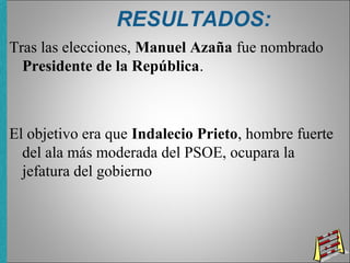 RESULTADOS:
Tras las elecciones, Manuel Azaña fue nombrado
Presidente de la República.
El objetivo era que Indalecio Prieto, hombre fuerte
del ala más moderada del PSOE, ocupara la
jefatura del gobierno
 