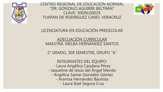 CENTRO REGIONAL DE EDUCACIÓN NORMAL
“DR. GONZALO AGUIRRE BELTRÁN”
CLAVE: 30DNL0002X
TUXPAN DE RODRIGUEZ CANO, VERACRUZ
LICENCIATURA EN EDUCACIÓN PREESCOLAR
ADECUACIÓN CURRICULAR
MAESTRA. MELBA HERNÁNDEZ SANTOS
2° GRADO, 3ER SEMESTRE, GRUPO “A”
INTEGRANTES DEL EQUIPO:
- Laura Angélica Caudana Pérez
- Jaqueline de Jesús del Ángel Mendo
- Angélica Samar González Gómez
- Arantxa Hernández Bautista
- Laura Itzel Segura Cruz
 