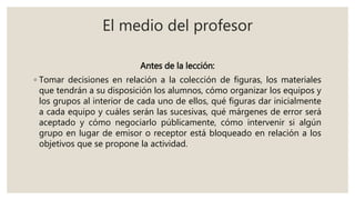 El medio del profesor
Antes de la lección:
◦ Tomar decisiones en relación a la colección de figuras, los materiales
que tendrán a su disposición los alumnos, cómo organizar los equipos y
los grupos al interior de cada uno de ellos, qué figuras dar inicialmente
a cada equipo y cuáles serán las sucesivas, qué márgenes de error será
aceptado y cómo negociarlo públicamente, cómo intervenir si algún
grupo en lugar de emisor o receptor está bloqueado en relación a los
objetivos que se propone la actividad.
 