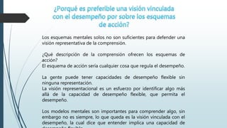 Los esquemas mentales solos no son suficientes para defender una
visión representativa de la comprensión.
¿Qué descripción de la comprensión ofrecen los esquemas de
acción?
El esquema de acción sería cualquier cosa que regula el desempeño.
La gente puede tener capacidades de desempeño flexible sin
ninguna representación.
La visión representacional es un esfuerzo por identificar algo más
allá de la capacidad de desempeño flexible, que permita el
desempeño.
Los modelos mentales son importantes para comprender algo, sin
embargo no es siempre, lo que queda es la visión vinculada con el
desempeño, la cual dice que entender implica una capacidad de
 
