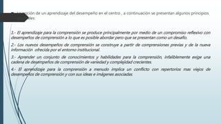  La noción de un aprendizaje del desempeño en el centro , a continuación se presentan algunos principios
generales:
1.- El aprendizaje para la comprensión se produce principalmente por medio de un compromiso reflexivo con
desempeños de comprensión a lo que es posible abordar pero que se presentan como un desafío.
2.- Los nuevos desempeños de comprensión se construye a partir de comprensiones previas y de la nueva
información ofrecida por el entorno institucional.
3.- Aprender un conjunto de conocimientos y habilidades para la comprensión, infaliblemente exige una
cadena de desempeños de comprensión de variedad y complejidad crecientes.
4.- El aprendizaje para la comprensión a menudo implica un conflicto con repertorios mas viejos de
desempeños de comprensión y con sus ideas e imágenes asociadas.
 
