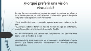 Aunque las representaciones jueguen un papel importante en algunos
tipos de comprensión, es difícil sostener la afirmación general de que la
comprensión es representación interesante.
¿Tiene sentido decir que comprender algo es tener un modelo mental de
ello?
No, porque podemos tener un modelo mental de algo sin entenderlo,
según lo considera el criterio del desempeño flexible.
Para los desempeños que demuestren comprensión, una persona debe
operar sobre el modelo o con él.
Jonhson-Laird y Byrne interpretan los errores como un reflejo de cómo la
persona que razona manipulo erróneamente los modelos mentales
esquemáticos.
 