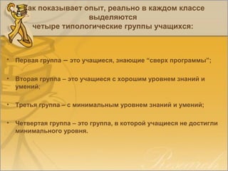 Как показывает опыт, реально в каждом классе
выделяются
четыре типологические группы учащихся:
• Первая группа – это учащиеся, знающие “сверх программы”;
• Вторая группа – это учащиеся с хорошим уровнем знаний и
умений;
• Третья группа – с минимальным уровнем знаний и умений;
• Четвертая группа – это группа, в которой учащиеся не достигли
минимального уровня.
 