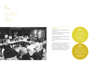 44 45
	 	
	 	
Chapter 02
7차 워크숍
일시 2015.10.6, 오후 6:00 ~ 8:30
장소 청소년 교육문화 플랫폼 LOE
주요 내용
•운영위원회와 운영진
•운영진 주민기수제와 쟁점
운영위원회와 운영진	
7차 워크숍에서는 본격적으로 자율관리 운영방식에 대한 세부
논의를 시작했습니다.
그동안 긍정적으로 논의된 운영진 주민 기수제로 운영하기 위해
필요한 쟁점들을 전체적으로 확인했습니다.
1) 실무를 맡을 운영진과 마을활력소 운영 방향을 설정하는 운영
위원회가 구성이 되어야 합니다.
이와 함께 공유공간기획자는 운영위원회와 운영진의 역할을 소
개했습니다.
2) 민관참여단은 앞으로 운영진 주민기수제로 마을활력소가 운
영될 시, 어떤 역할을 할 수 있을지에 대해 토론했습니다.
실제 운영에 관심이 있는 분들도 계셨으며, 실무보다는 운영위원
회 역할에 관심이 있는 분들이 계셨습니다. 이에 공유공간기획자
는 민관참여단을 운영위원회와 운영진으로 나누어 각자 논의해
야 할 부분을 확인하고 동시에 진행하는 것을 제안했습니다.
1. 정기적으로 모여 마을활력소 운영의
전체적인 방향을 설정합니다.
2. 마을활력소 운영진을 기수별로 모집 및 선발합니다.
3. 마을활력소 운영진과 소통하고
운영 원칙을 확인합니다.
4. 유사시 마을활력소 운영진을 돕습니다.
1. 마을활력소 공간을 대관 및 관리 합니다.
2. 대관료를 관리하고 회계부를 작성합니다
3. 주민들을 위한 이벤트/모임/스터디를 기획해서
진행합니다.
4. 마을활력소의 다양한 활동들을
주민들에게 홍보합니다.
마을활력소
운영위원회 역할
마을활력소
운영진 역할
 