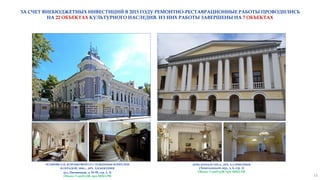 ОСОБНЯК О.П. КОРОБКОВОЙ СО СЛУЖЕБНЫМ ФЛИГЕЛЕМ
И ОГРАДОЙ, 1894 г., АРХ. Л.Н.КЕКУШЕВ
(ул. Пятницкая, д. 33-35, стр. 1, 3)
Объект ГлавУпДК при МИД РФ
ДОМ, НАЧАЛО XIX в., АРХ. А.Г.ГРИГОРЬЕВ
(Леонтьевский пер., д. 4, стр. 1)
Объект ГлавУпДК при МИД РФ
ЗА СЧЕТ ВНЕБЮДЖЕТНЫХ ИНВЕСТИЦИЙ В 2015 ГОДУ РЕМОНТНО-РЕСТАВРАЦИОННЫЕ РАБОТЫ ПРОВОДИЛИСЬ
НА 22 ОБЪЕКТАХ КУЛЬТУРНОГО НАСЛЕДИЯ. ИЗ НИХ РАБОТЫ ЗАВЕРШЕНЫ НА 7 ОБЪЕКТАХ
13
 