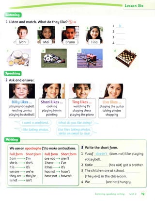 LessonSix
I Listenondmotch.
z ,r'-
.l
-E-# a
-",
'{
- **=,s
2 Rskondonswer.
WhotdothegLike?
1_
2
3
4
Bitl,g[ikes...
pLogingvoLLegbo[L
reodingcomics
pLogingbosketboL[
Shonilikes...
cooking
plogingtennis
pointing
TingIikes...
wotchingTV
pLogingchess
pLogingthepiono
i
"tl
I t':'"'
pLogingtheguitor
tokingphotos
shopping
Weuseonopostrophe(
Ful,lform Shortform
I offi ------J I'm
sheis------fshe's
it is-------+it's
weore---+we're
thegore-+theg're
isnot----+ isn't
')to mokecontroctions.
Fu[[form Shorttorm
orenot---+oren't
I hove----+I've
it hos+ it's
hosnot+ hosn't
hovenot+ hoven't
Writethe shortform.
Yusuf (doesnot)Likeploging
voLLegboLL.
Kotie ___ (hosnot)goto brother.
ThechiLdrenoreof school.
(Thegore)intheclossroom.
We (orenot)hungrg.
3
1
2
3
Lrstening,speoking. writrng Unit 2 19
 