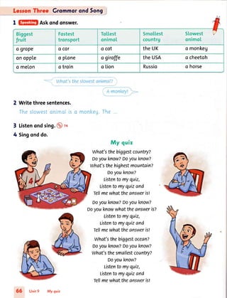 Leron Thrce Grommorond5ong
I Askondonswer.
Biggest
fruit
Fostest
tronsport
To[[est
onimoI
SmoLLest Slowest V
countrg onimol
o grope o co( o cot theUK o monkeg
onopple o plone o giroffe the USA o cheetoh
o melon o troin o lion Russio o horse
<-*ffi;itl,'. rto*.rto**;p )
', A monkey!
3
4
Writethreesentences.
Theslowestaninnolis
Listenondsing.@ ro
Singonddo.
o monkeg.The...
My qutz
What'sthebiggestcountry?
Doyouknow?Doyouknow?
what'sthehighestmountain?
Doyouknow?
Listento myquiz,
Listento myquizand
Tellmewhattheansweris!
Doyouknow?Doyouknow?
Doyouknowwhattheansweris?
Listento myquiz,
Listento myquizand
tellmewhattheansweris!
What'sthebiggestocean?
Doyouknow?Doyouknow?
what'sthesmallestcountry?
Doyouknow?
Listento myquiz,
Listento myquizand
rellmewhattheanswerisl
66 Unit9 My quiz
 