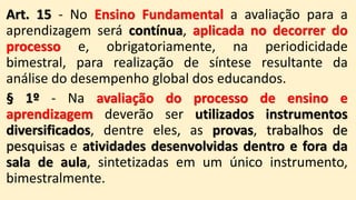 Art. 15 - No Ensino Fundamental a avaliação para a
aprendizagem será contínua, aplicada no decorrer do
processo e, obrigatoriamente, na periodicidade
bimestral, para realização de síntese resultante da
análise do desempenho global dos educandos.
§ 1º - Na avaliação do processo de ensino e
aprendizagem deverão ser utilizados instrumentos
diversificados, dentre eles, as provas, trabalhos de
pesquisas e atividades desenvolvidas dentro e fora da
sala de aula, sintetizadas em um único instrumento,
bimestralmente.
 