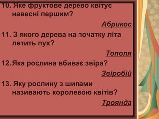 10. Яке фруктове дерево квітує
навесні першим?
Абрикос
11. З якого дерева на початку літа
летить пух?
Тополя
12.Яка рослина вбиває звіра?
Звіробій
13. Яку рослину з шипами
називають королевою квітів?
Троянда
 